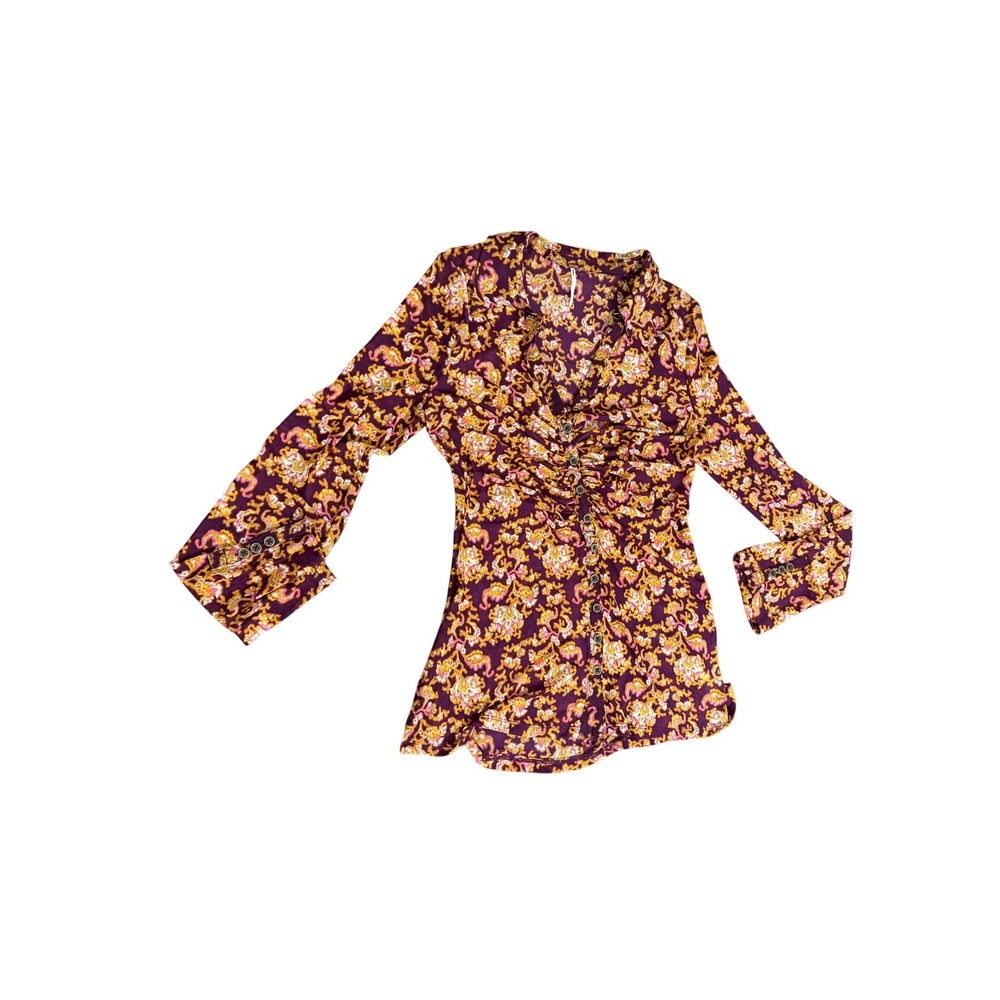 FREE PEOPLE Lucky Shirtee In Cosmo Paisley Ruched V Neck  SHIRT Mesh Boho y2k L - Picture 5 of 10